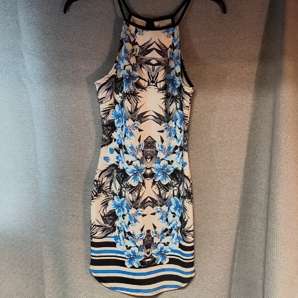 Floral Print Halter Dress - Blue and Black